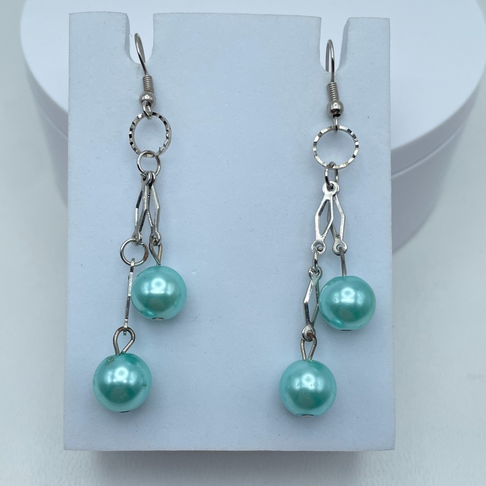Vintage Y2K Faux Pearl Beaded Silver Tone Dangle Earrings Women's Jewelry Boho